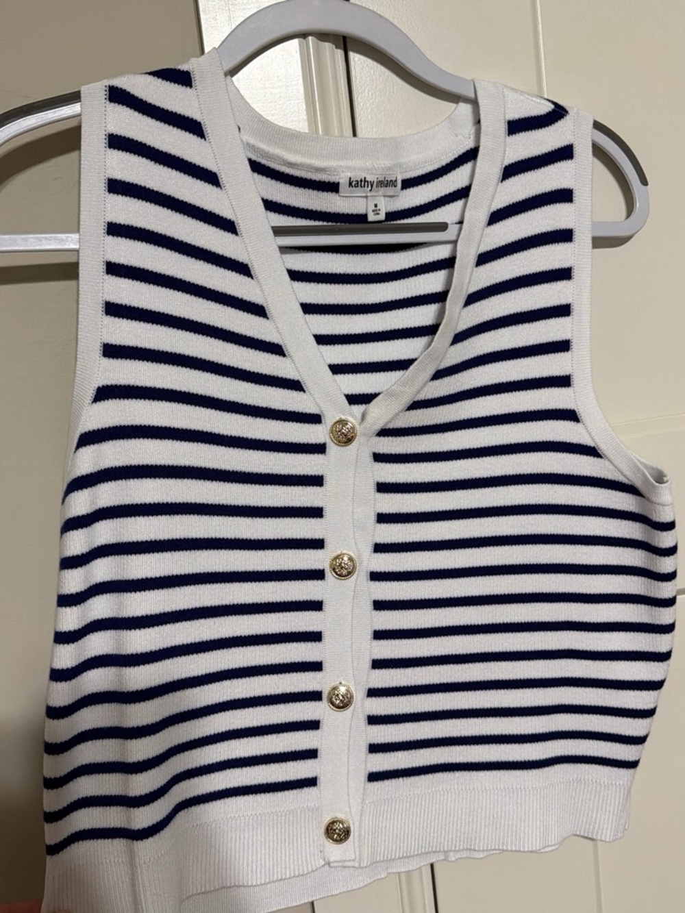 kathy ireland White & Navy Striped Button Front Tank